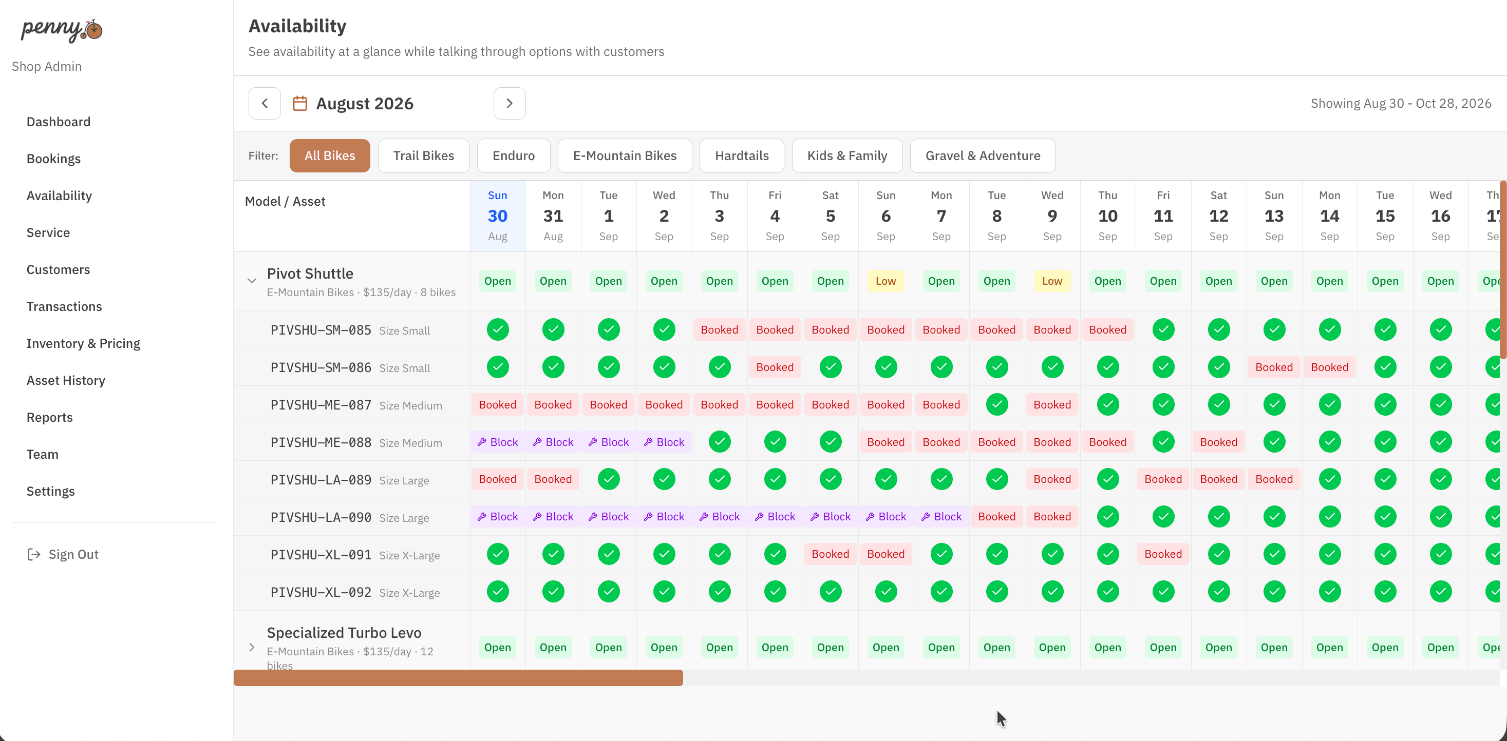 The availability grid: each bike is a row, each day a column, showing open, booked and blocked days.