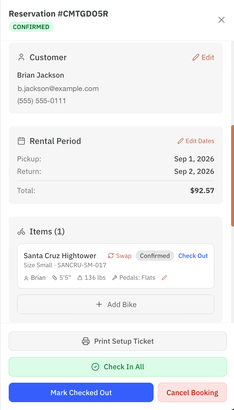 A reservation in Penny showing the rider's height, weight and pedal choice on the bike, with a Print Setup Ticket button.