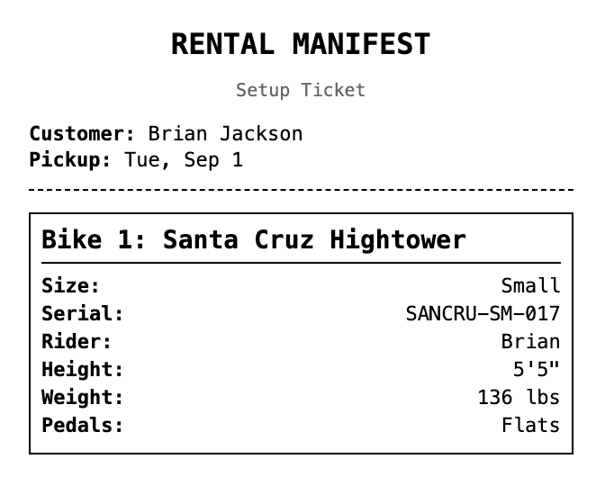A printed setup ticket: customer, pickup date, bike, size, serial, rider name, height, weight and pedals.