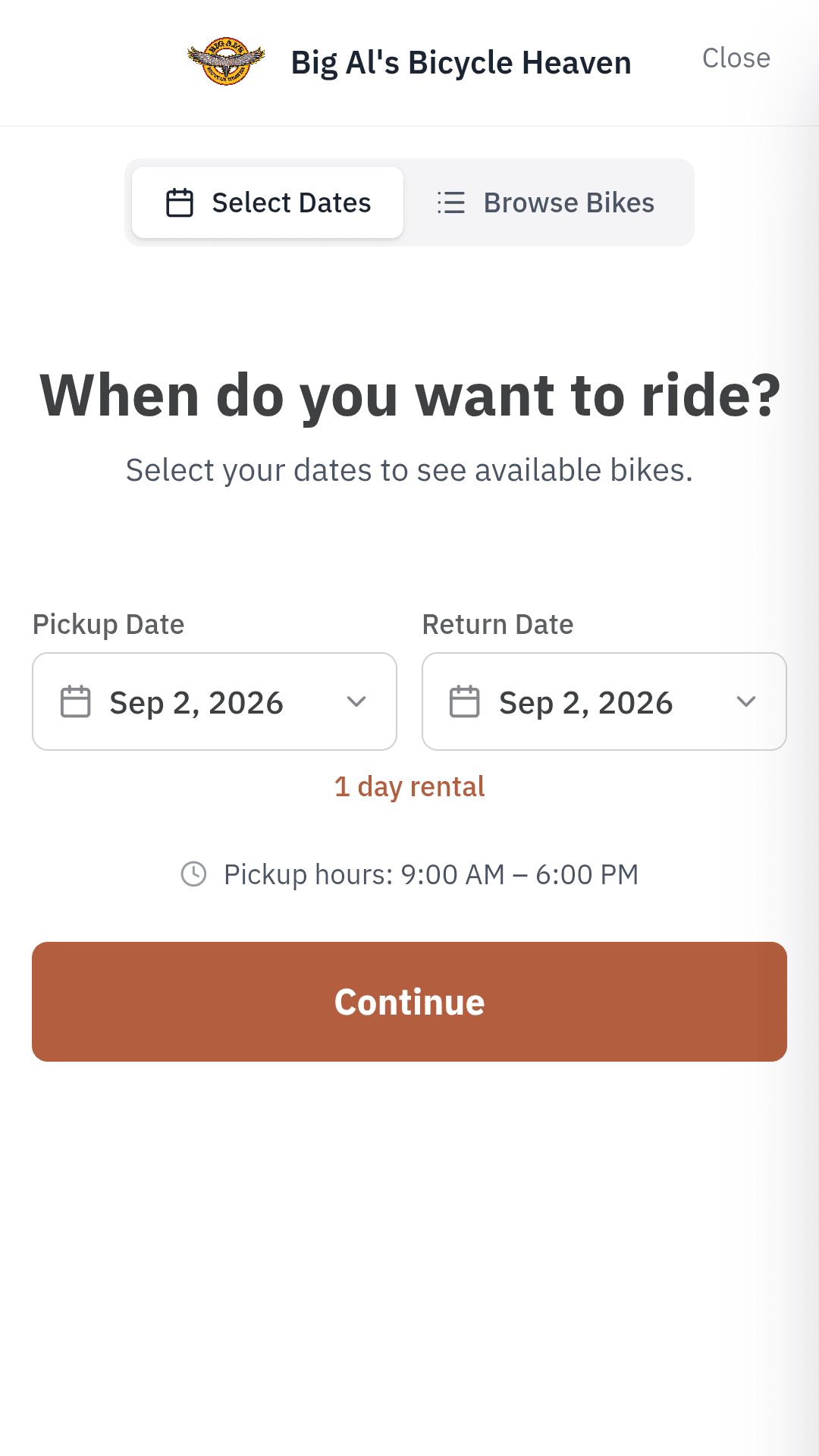 The booking page on a phone: pickup and return dates chosen, showing a one-day rental and the shop's pickup hours.