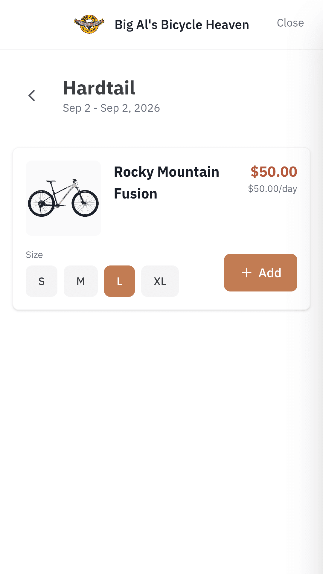 A hardtail on a phone with sizes S, M, L and XL, the available size selected, and an Add button.