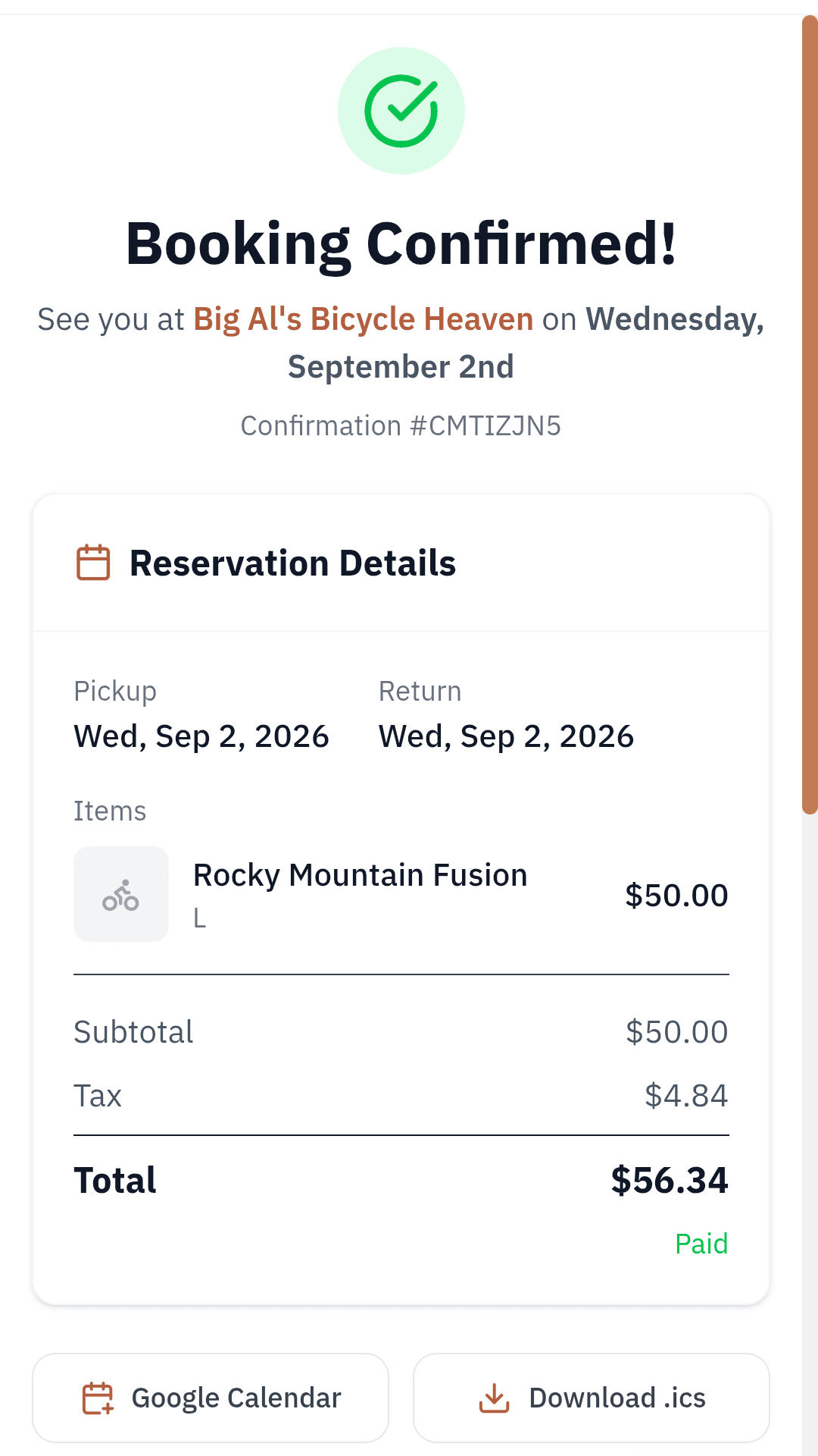 A booking confirmation on a phone showing the bike, dates, tax, total and a paid status.